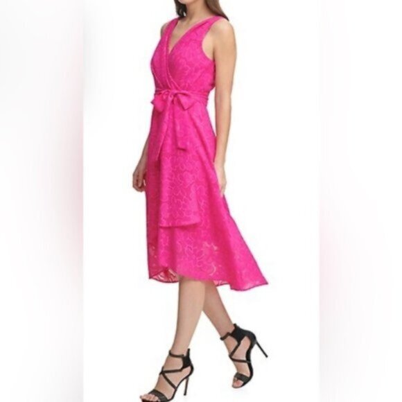 DKNY Sleeveless Double-V Faux Wrap Belted Evening Cocktail Dress S 6 fuchsia - Picture 1 of 16